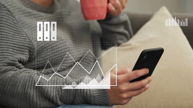 Woman scrolling phone on couch, tapping screen initiating cloud sync and expanding tech analytics