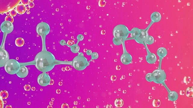 On reveal teal molecules drifting with subtle rotation, converging center for foreground emphasis