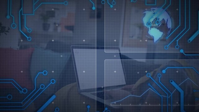 Adult female sitting on couch typing on tech laptop, activating code, circuit traces and globe HUD