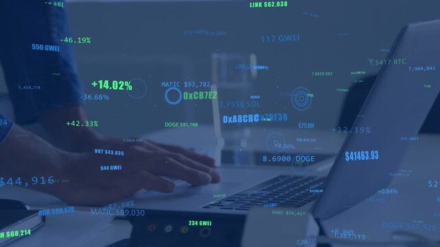 Mid-adult man typing laptop keys, starting crypto overlaying keys while monitoring DOGE $41463 +14%