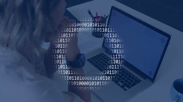 Woman clasping hands, laptop idle initiating binary overlay pulsing over desk, showing tech data