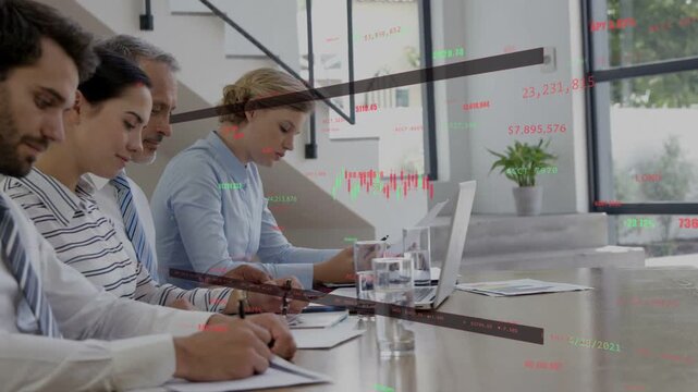 Camera pulling back, four-person team taking notes for financial analysis with animated charts