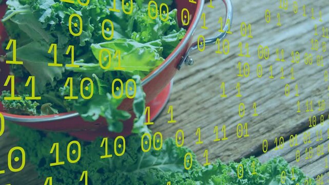 Binary overlay appearing, yellow digits streaming over red colander of kale, visualizing food data
