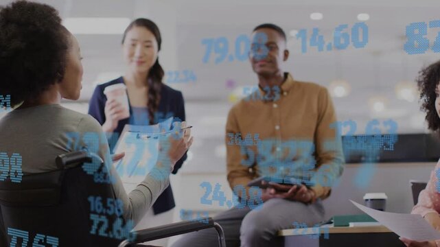 Team smiling, speaker in chair flipping pages and parsing biz data while blue digits crossing faces