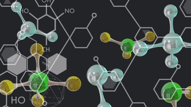 On start, 3D molecular clusters rotating and sliding over hexagon grid to illustrate bonding