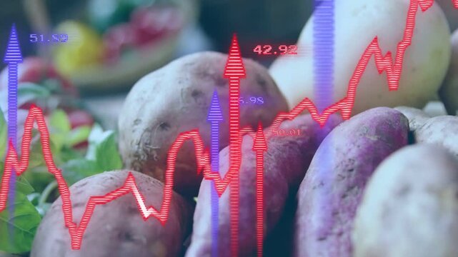 Finance overlay appearing and scrolling across tubers, camera shifting closer showing market trends