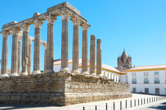 Ancient Roman columns in a historic Portuguese town