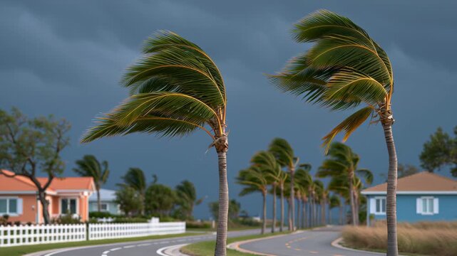 Storm winds bend palm trees fiercely. Dark clouds loom over coastal homes. White fences line the winding road. Palm fronds whip in violent gusts. Scene suggests impending tropical storm