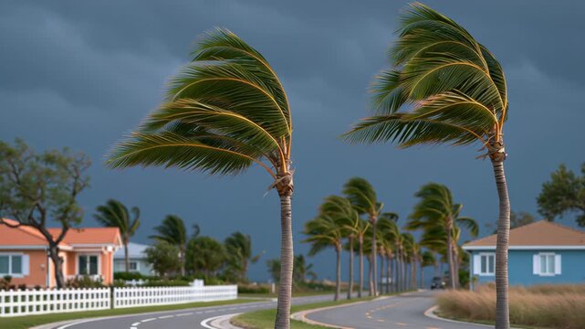 Dark clouds loom over palm trees bending in fierce wind. Palm fronds whip left, revealing stormy, brooding skies. Coastal homes peek through white fences and curving roads