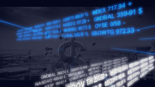 On start, metal $ centering while blue-white tickers rotating, showing market trends over dusk city