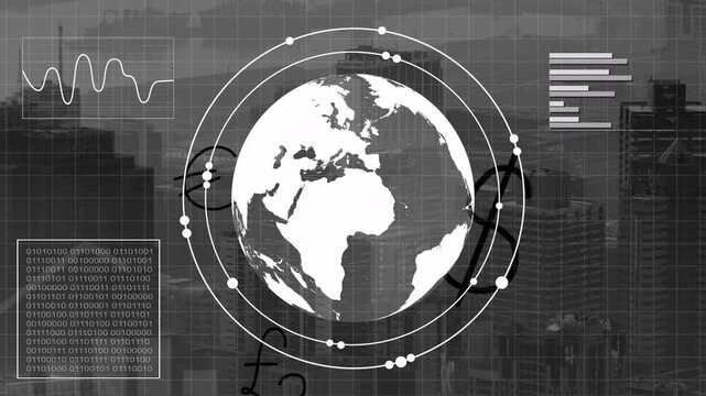 Globe brightening, rings forming, nodes orbiting, HUD panels sliding in, visualizing global finance