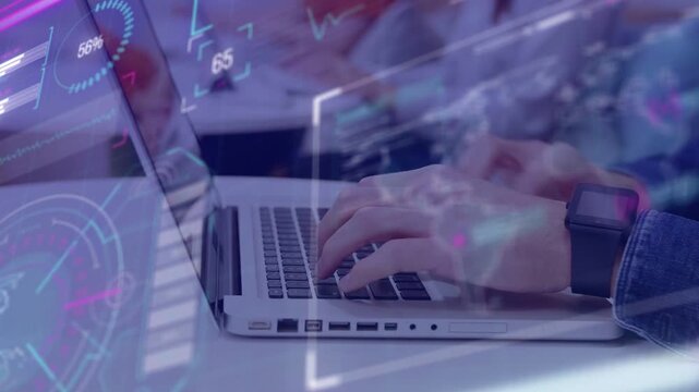 Male typing on laptop, keystrokes updating HUD dashboard gauges and percents for tech analytics