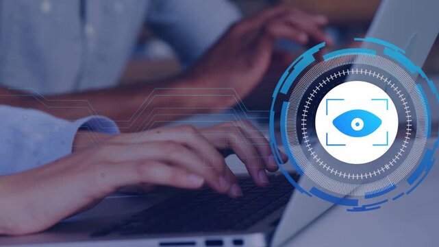 Eye icon fading in, blue HUD growing and aligning, foreground hands typing, showing monitoring