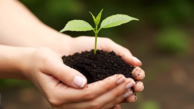 Close-up of female hands carefully holding a handful of dark fertile soil with a small green sprout. Concept of environmental protection, gardening, and new life beginning.