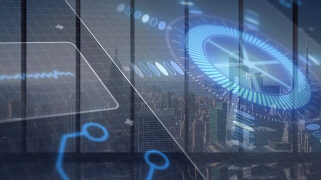 On activation HUD overlay brightening, rotating, pulsing, rising circuit nodes to display city data