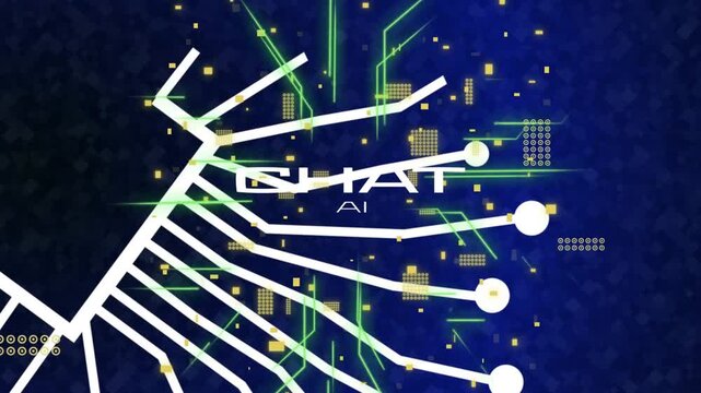 White node sliding from top-left branches growing into chip shaping brain representing AI over CHAT