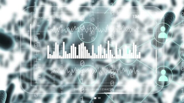 Dashboard fading in, rounded translucent panel animating bars and waveforms to monitor microbes
