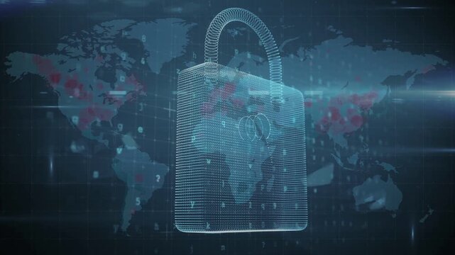 Lens flare sweeping left driving particle ribbons coalescing into wireframe padlock protecting data