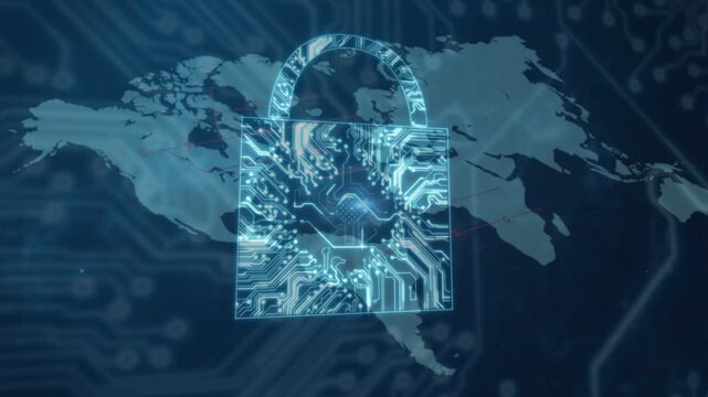 Holographic padlock forming on map load, circuits lighting outward, pulsing sparks securing data