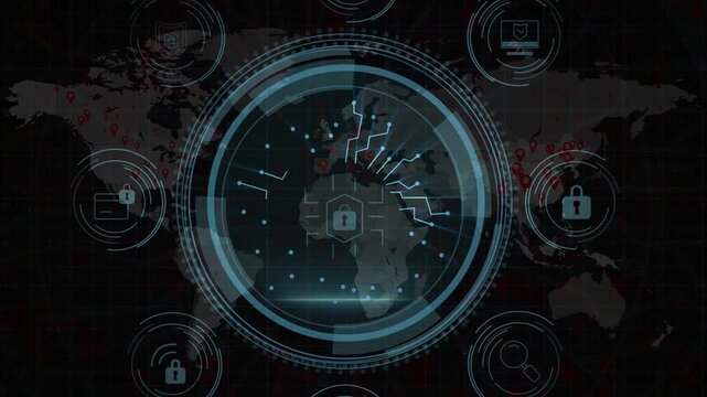 On threat alert HUD forming rings, drawing lock, scanning map, linking nodes to protect global net