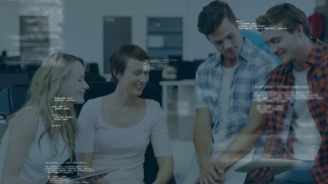Left woman pointing tablet screen, causing code overlays drifting as tech team discussing fixes