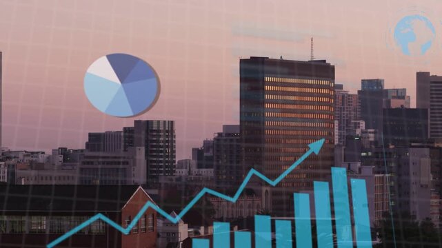 Data overlay starting over city bars growing line climbing pie spinning data box fading collecting