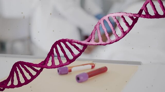 Shifting DNA helix revealing vacutainers while nurse drawing blood for genetic testing