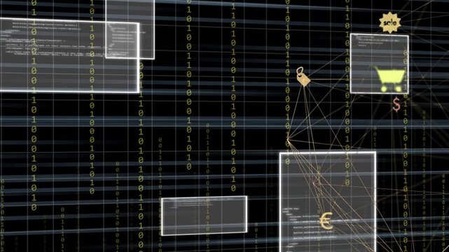 Camera panning left code panels moving inward binary bits dropping shop nodes feeding data to sales