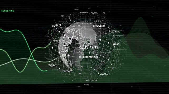 HUD opening starting 3D wire globe rotating, nodes pulsing and wave flowing showing network data