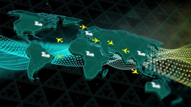 Teal world map showing yellow plane appearing, moving along dotted ribbons visualizing cargo flow
