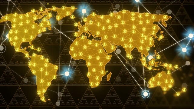 Golden map pulsing and sending lines after western node sparking showing world network growth