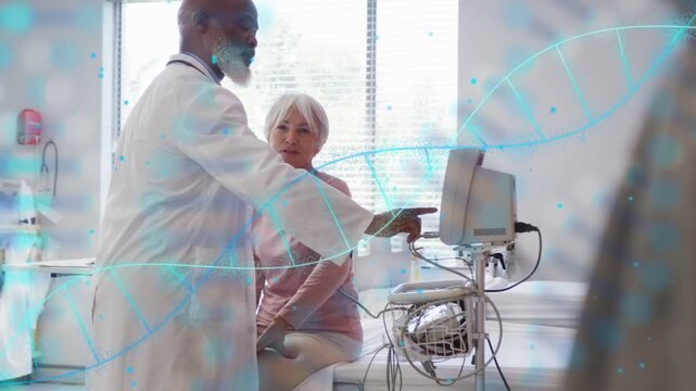 Doctor pointing at medical monitor, urging patient watching DNA helix overlay growing showing genes
