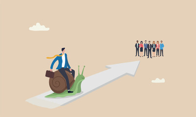 Slow illustration is modern meeting teams together riding snail slow walking on arrow to reach target. © kadir