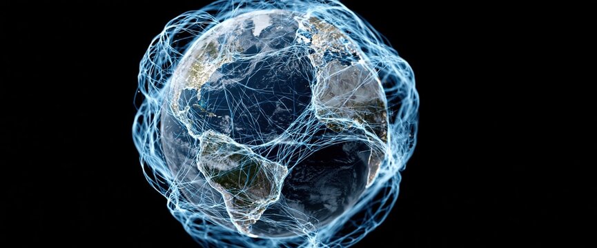 Abstract representation of Earth entangled in luminous blue energy web against a dark background
