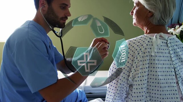 Doctor placing stethoscope on patient's back causing medical icons drifting while assessing lungs