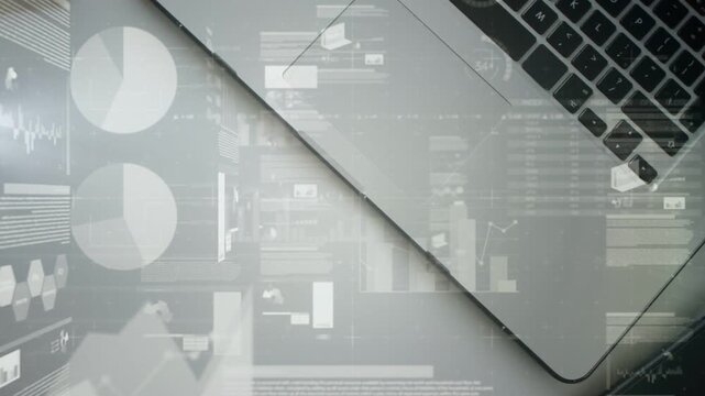 Frame one revealing soft data overlays scrolling across angled silver laptops, showing analytics