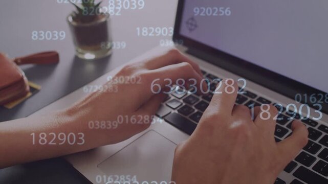 Hands pressing laptop keys and typing, starting numeric overlays flowing over hands, showing data