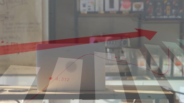 Playback start red overlay animating over white blocks plotting data and rising arrow showing trend