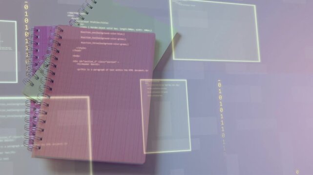Glowing code-binary overlays appearing over spiral stack, drifting right fading to reveal pink top