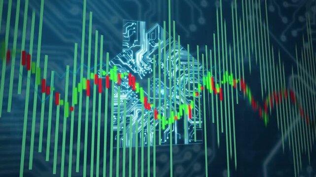Center circuit glowing, green bars pulsing, candle line shifting, revealing chip-house showing data