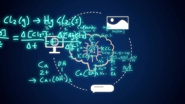 Neon chem cluster expanding after L glow, drawing cloud-chip, icons orbiting, showing AI network