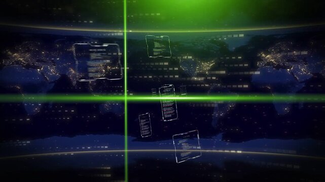 Neon-green vertical scan starting left pulling HUD panels rotating converging indexing globe