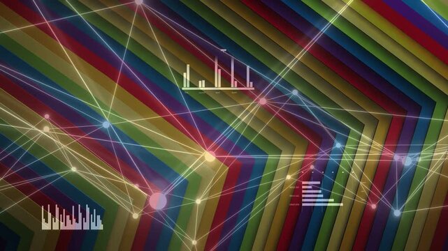On chevron color shift, network nodes pulsing, lines redrawing, equalizer bars rising, showing data