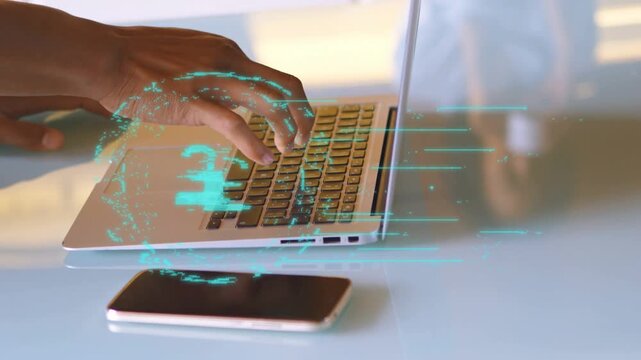 Hands typing on laptop, phone nearby, starting HUD over keys, pulsing fading padlock for security