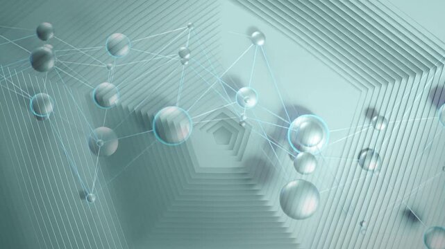 Entering upper right, node web drifting left and rotating, links stretching revealing hexagon depth