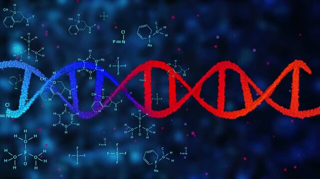 Particles increasing shifting color left to right forming double helix with diagrams showing DNA