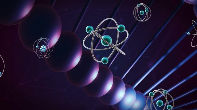 Camera pulling back, helix receding and atoms emerging, rotating and drifting, showing depth