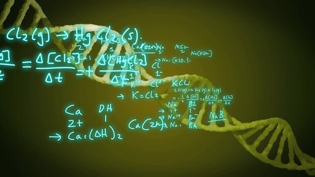 Faint neon formulas appearing left, drawing over rotating DNA helix, visualizing chemical equations