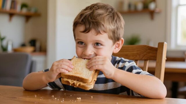Happy child enjoying peanut butter sandwich at kitchen table with cheerful expression. Child takes big bite of tasty peanut butter sandwich made with soft bread.