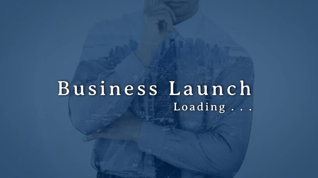 Businessman holding thinking pose then pointing, activating Business Launch Loading with skyline